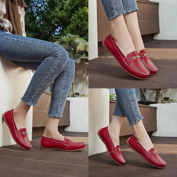 NEW: Real leather red womens 9.5 loafers flats with comfort insole + gold buckle - Picture 1 of 9
